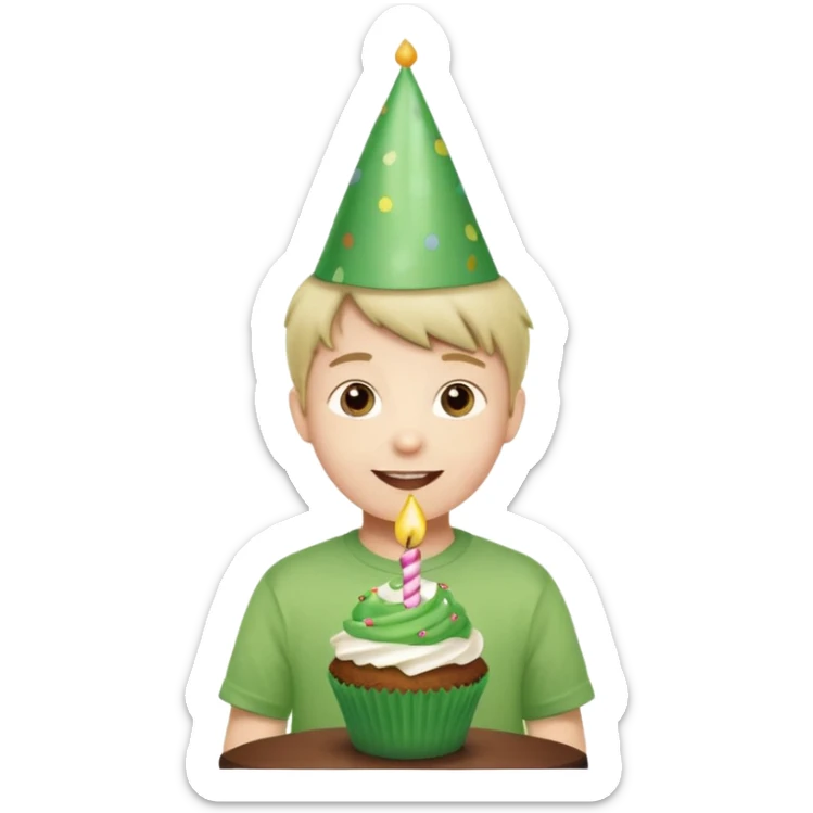happy child with a green party hat and green shirt, in front of a birthday cupcake, festive mood sticker