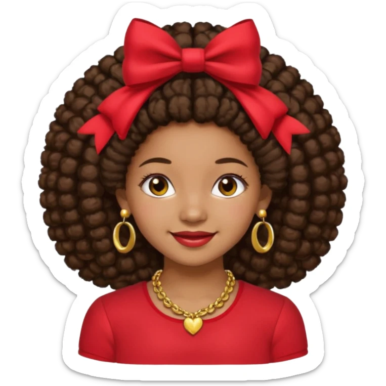 Brownskin girl dark brown hair afro pigtails with red bows brown eyes smiling closed mouth red shirt gold esrrings gold necklace sticker