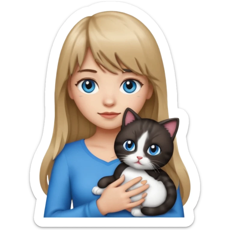 Apple-style emoji sticker of a young woman with long dark blond hair and bangs, blue eyes , holding a spotting black-and-white kitty on her chest.  sticker