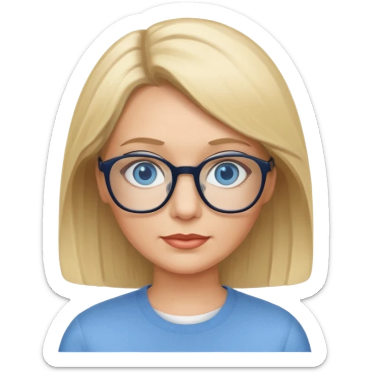 white woman about 50 blonde bobbed hair blue eyes glasses sticker