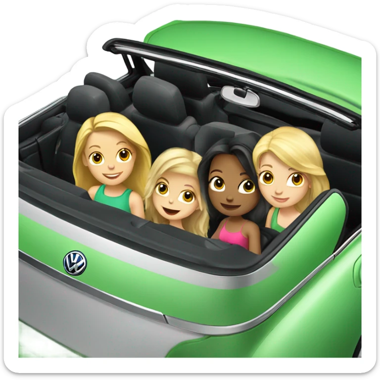 Two Caucasian blonde girls and two Caucasian brunette girls riding in a green volkswagen convertible sticker
