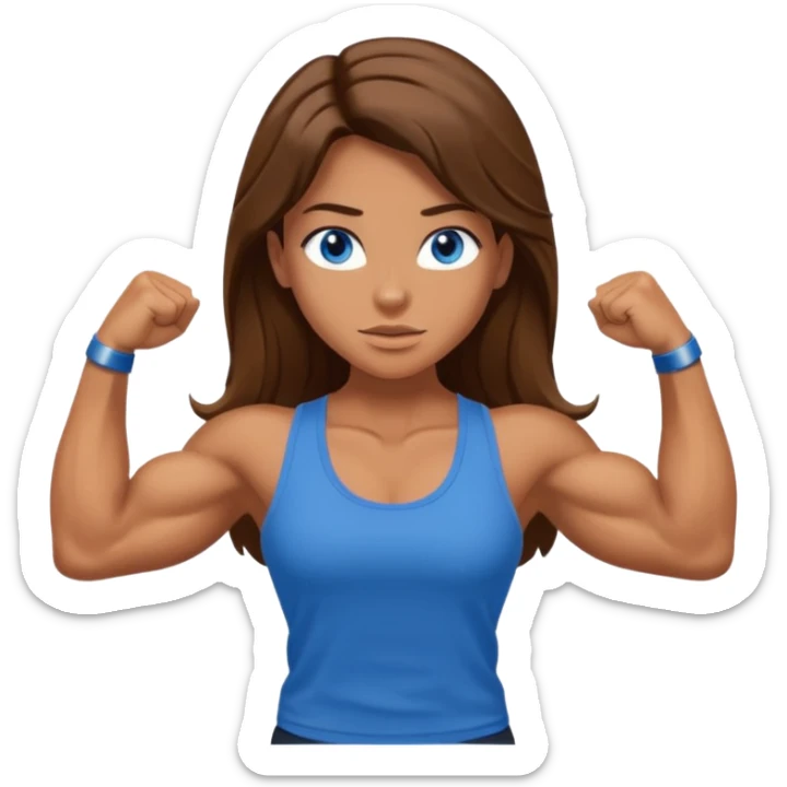 Girl with long brown hair, blue eyes and really muscular arms, flexing her muscles. Wearing a tank top sticker