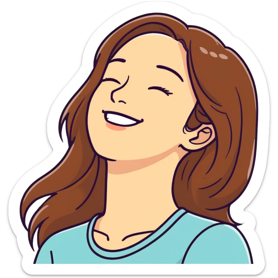 Woman from side point of view  with one hand on top of her forehead, eyes closed, laughing and smiling really hard. Hair is brown and long sticker