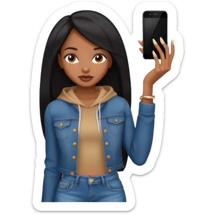 face girl with nails and cute make up black girl strait hair super long  top and slim body and baggy jeans sticker