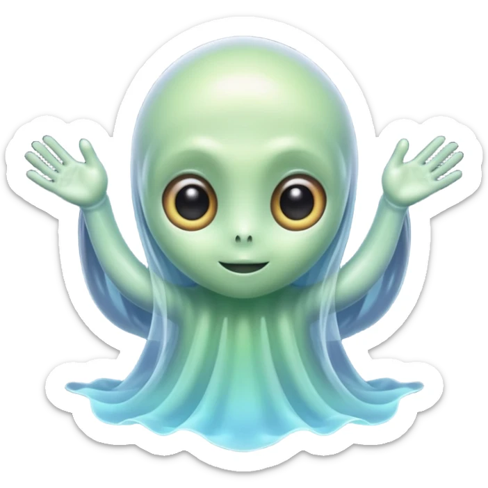 a cute hybrid of an alien and a ghost, with big eyes and a floating body sticker