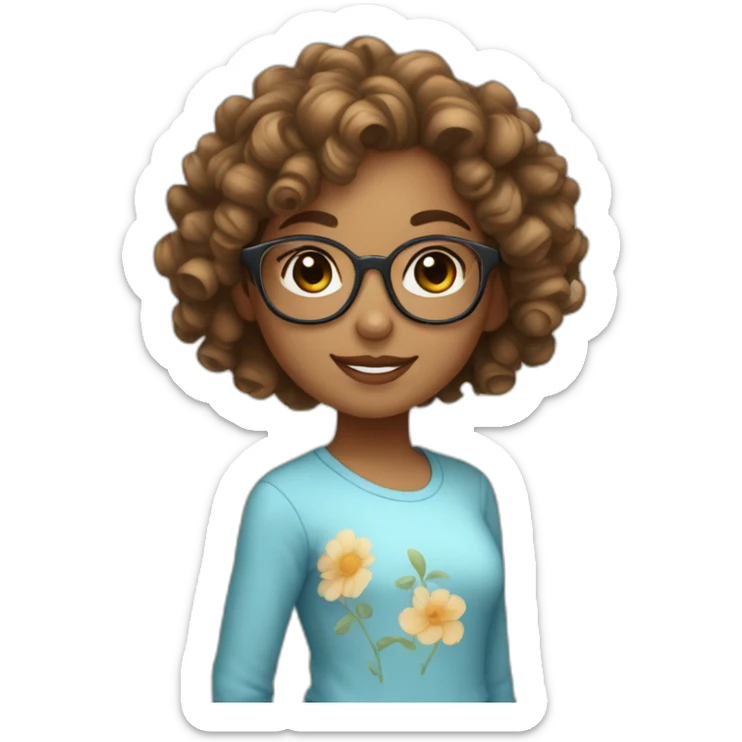 Cute light brown skin girl with curly hair and glasses wearing a light blue top sticker