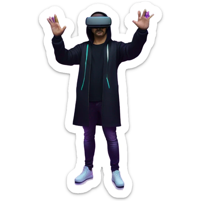 Russian man wearing a black hoodie with "OMG" letters on it and VR headset oculus quest 2 in a cyberpunk VR environment with violet neon lighting. Showing direction with hand sticker