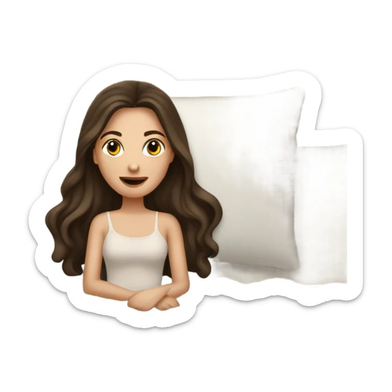 white girl with long dark brown hair sitting in a bed with beige comforter sticker