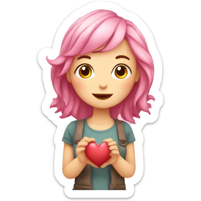 Cute women pink-haired with a heart in the hands. Blushing and have little cute corn sticker