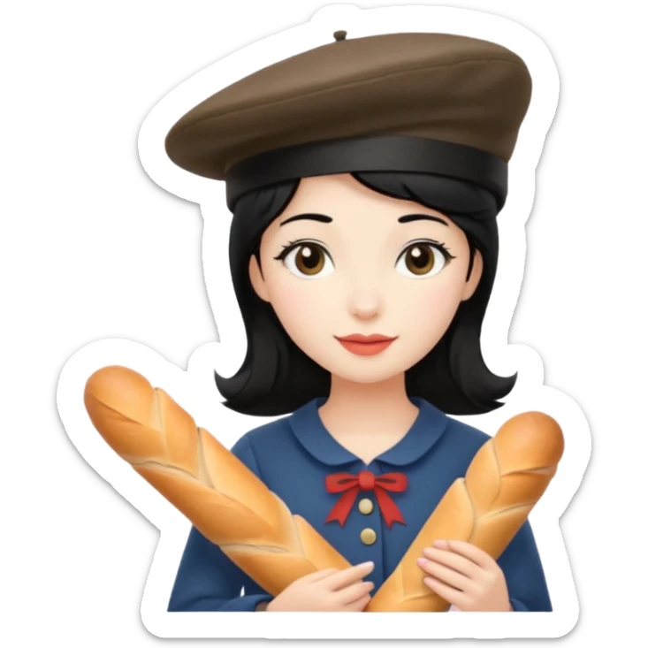 girl with black hair with a french hat and holding a baguette sticker