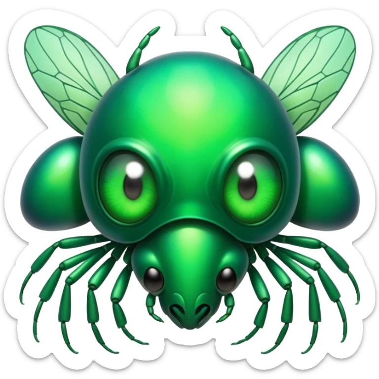 Cinematic Noble Green Bugdie Portrait Emoji, Poised and regal, with a tiny, delicate build and a vibrant, well-detailed emerald exoskeleton, deep-set soulful multifaceted eyes, Simplified yet sharp and sophisticated features, highly detailed, glowing with a soft, dignified glow, high shine, intelligent and alert, stylized with an air of miniature majesty, focused and attentive, soft glowing outline, capturing the essence of a watchful and confident insect, so majestic it feels as though it could scuttle out of the screen with effortless authority! sticker