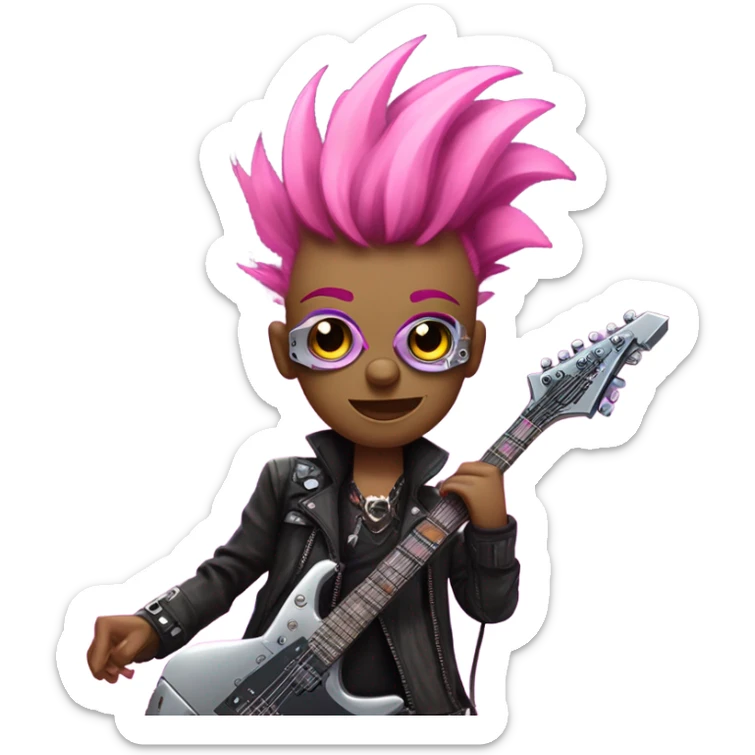 cyberpunk rockstar, pink mohawk, robot heavy metal rock star,  pink mechanical sci-fi electric guitar, close up view sticker