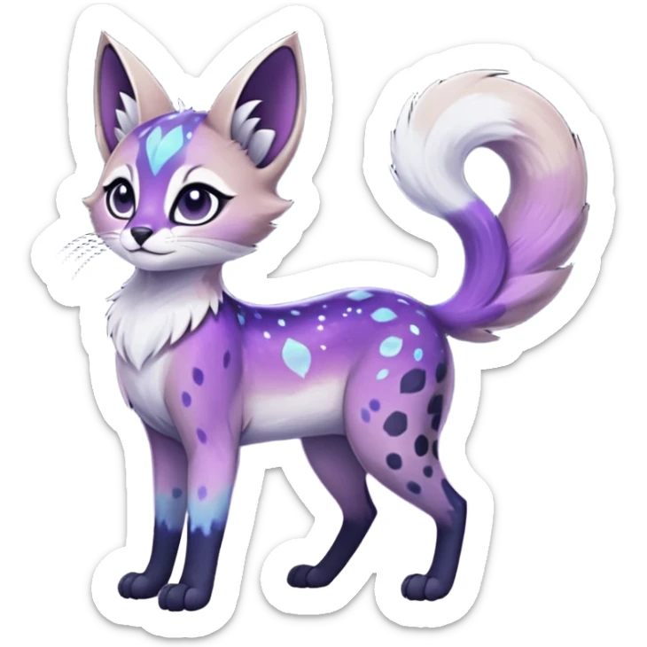 Colorful black-violet-indigo-purple-gradients nebulae nebula starry galactical shiny white-stars-spotted glorious iridescent divine exotic cute cool beautiful realistic Meloetta-caracal-civet-sergal-oncilla-animal-Fakémon-hybrid-fursona (full body) sticker
