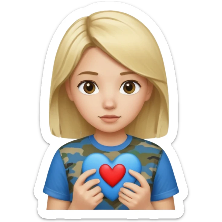 Blonde girl wearing blue shirt holding camo heart sticker
