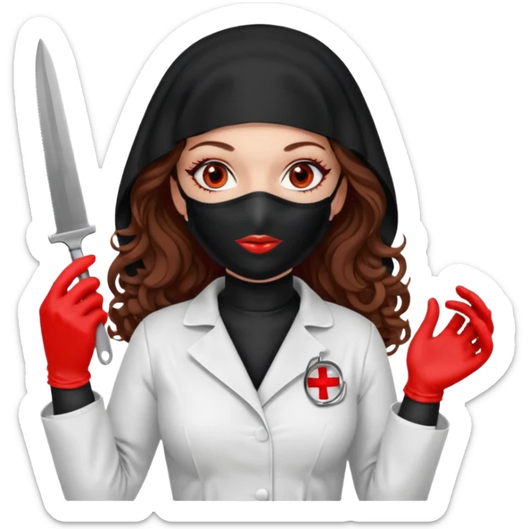 


Scary woman scalpel in hand, evil surgeon sexy surgeon clothes.  She has redcolored  eyes. Her  hair only is free ne brown long curly hair. Wears sexy doctor outfit with red gloves. make her wear full Muslim burka to mask and nose mouth mask  to hide. Wears white surgeon coat, wears  stilettos sticker
