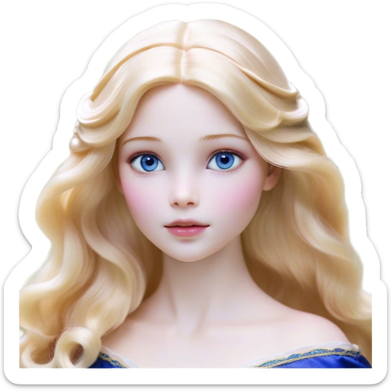 Cinematic Realistic Sleeping Beauty (Aurora) Portrait, with porcelain-like skin featuring a natural rosy flush, illuminated by soft lighting that highlights the gentle contours of her face. Her golden blonde hair flows in soft, detailed waves with subtle highlights that shimmer in the light. Her deep violet-blue eyes radiate warmth and innocence, framed by arched brows and long lashes. With a soft, serene smile, she holds a delicate rose gently in one hand, her other hand resting lightly by her side. She is dressed in her classic pink gown, the fabric rich in texture with delicate folds that catch the light. A golden crown rests atop her head, gleaming with royal refinement. The portrait captures a soft, glowing aura, blending realism with an ethereal sense of beauty and timeless enchantment. sticker