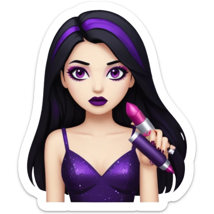 edgy girl with long black hair, glittery black dress, purple makeup, dark red lipstick sticker