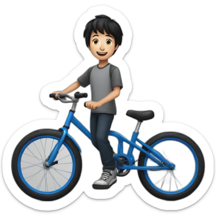 a ten-year-old boy with black hair and blue eyes with freckles juggles on a unicycle sticker