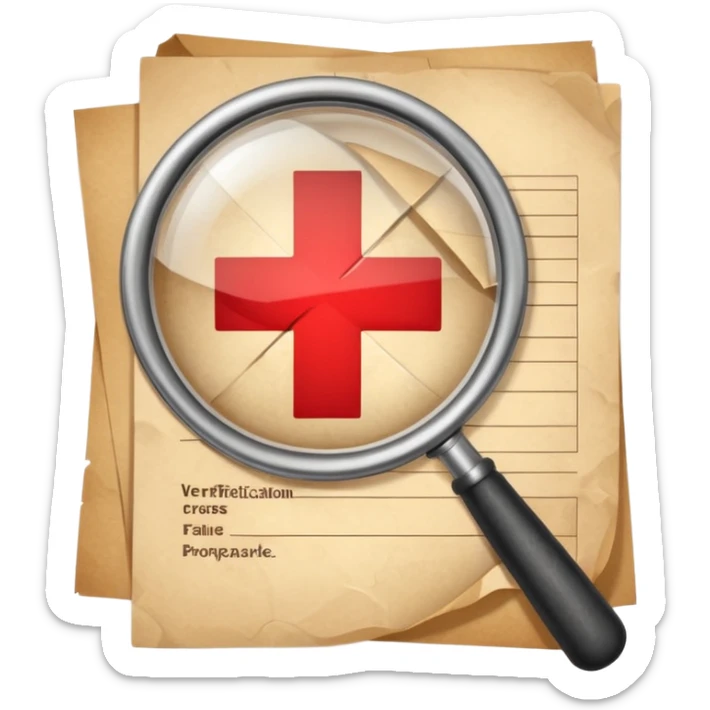 Emoji-style illustration of a paper with a magnifying glass showing a red cross, symbolizing verification failure or fake paperwork. Cute, professional, informative design sticker