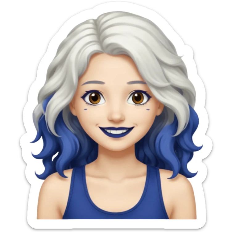 woman with wavy long white hair and brown eyes. She has dark blue lipstick. smiling in a grunge tanktop sticker