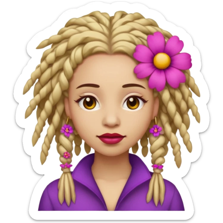 Gold dread locs pink emoji face purple flower in the hair red lipstick sticker
