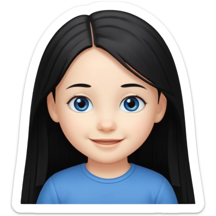 3yr old girl very long straight black hair mid parting blue eyes happy sticker