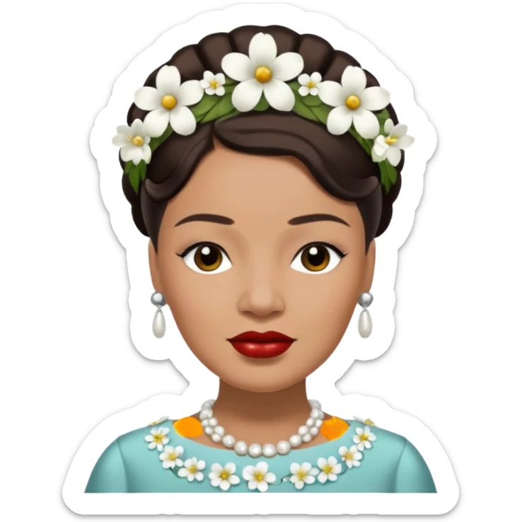 Billie Holiday with dark brown hair with white flowers headdress  sticker