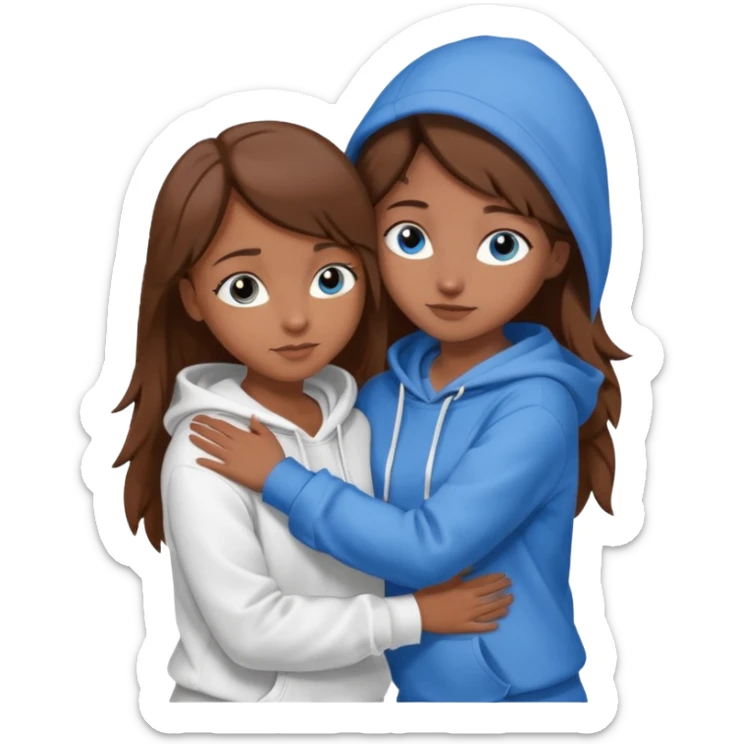 two Girls, Brown and Blonde hair, with Blue Eyes hugging one has Brown hair cute Hug another Version  Both Blue eyes and white hoddies Brown haired sticker