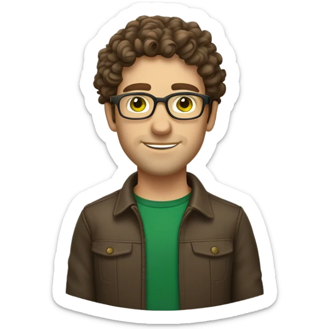 Caucasian male, shoulder length curly brown hair, green eyes, brown glasses, stubble sticker
