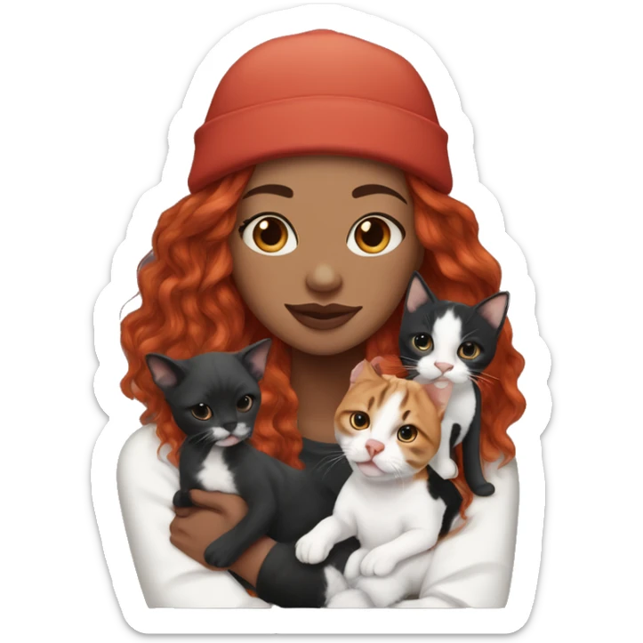Long Red haired woman in beanie with septum piercing holding black and white English Staffordshire puppy and tabby cat sticker