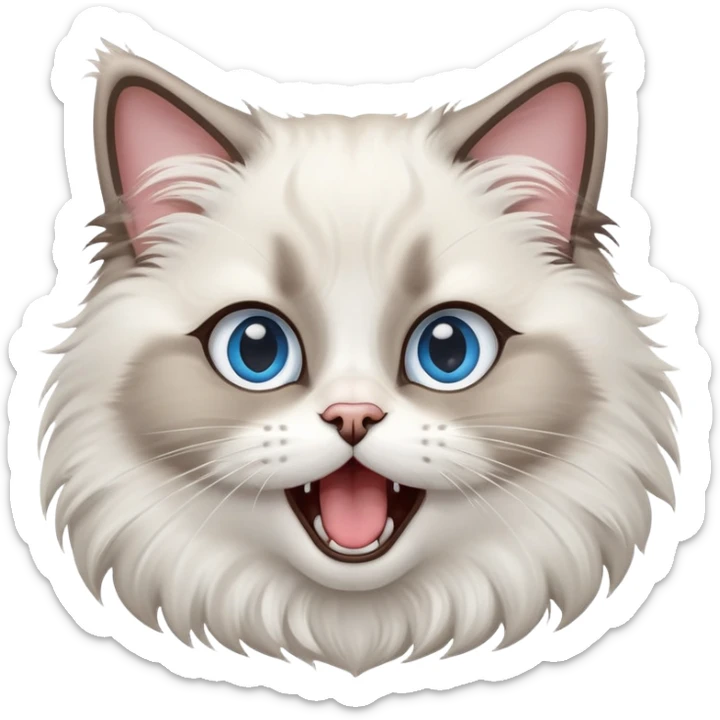 cinematic-adorable-big-eyed-fluffy-ragdoll-cat-portrait-emoji,-head-tilted-playfully-with-a-cute,-exaggerated-yawn,-white and grey fur,-simplified-yet-irresistibly-cute-features, blue eyes sticker