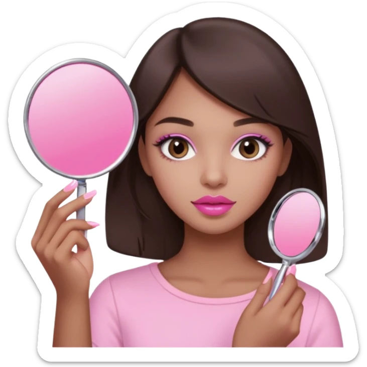A dark brown hair beautiful eyes medium skin tone of girl carrying a pink mirror to her self and have lip stick on one of her hand look like pink pastel the packaging similar to Rhode lip  sticker