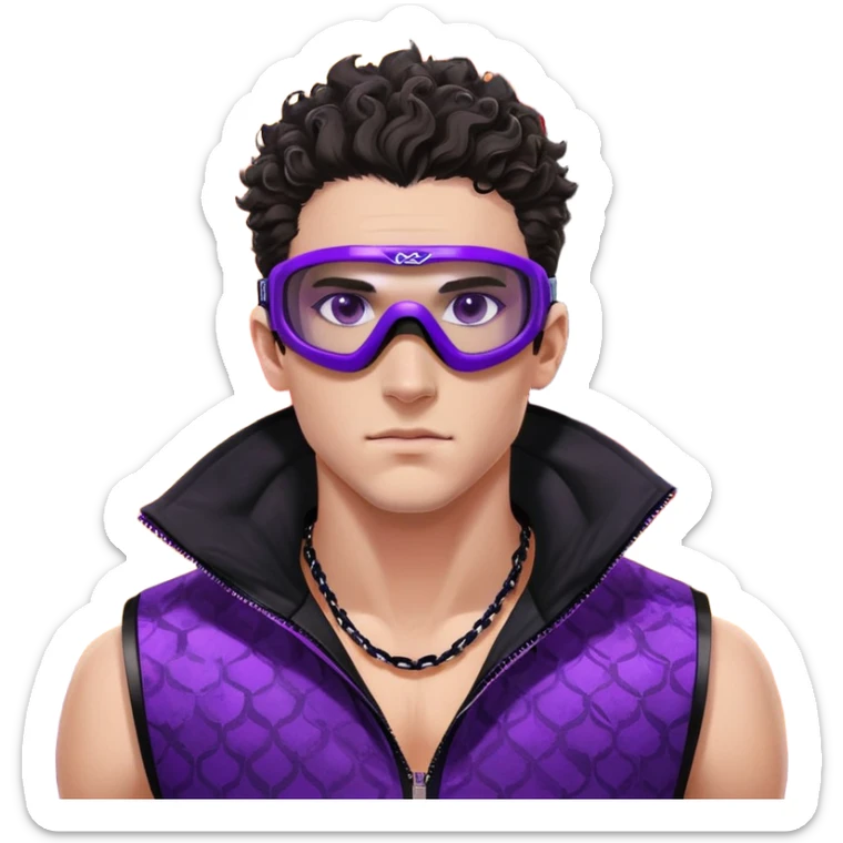 close-up of bad guy male athlete with white skin and moderately curly dark brown hair on top with shaved sides, wearing ski goggles with purple frames and very dark black lenses, a simple plain black chain necklace, and a completely unzipped sleeveless vest with purple and black sequin fire pattern design with no logo, with an extremely arrogant sneer on his face, looking menacing and villainous, exuding overconfidence and a threatening aura sticker