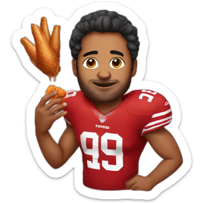 an indian male with a 49ers jersey and chicken wing dripping with sauce on his hand sticker