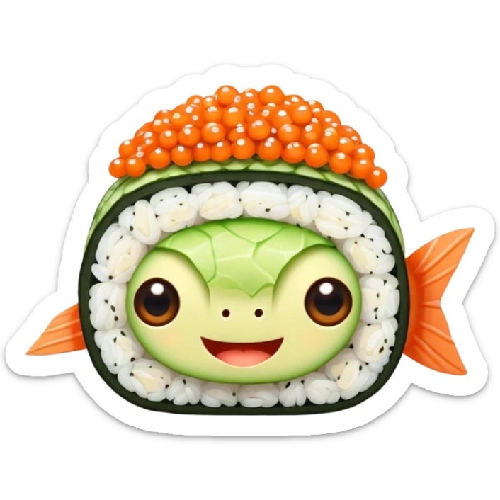 Cute Kawaii California Roll, tiny and round, cute layers of avocado, crab, and cucumber, wrapped in bright orange fish roe, a joyful winking face, tiny sesame seed freckles! sticker