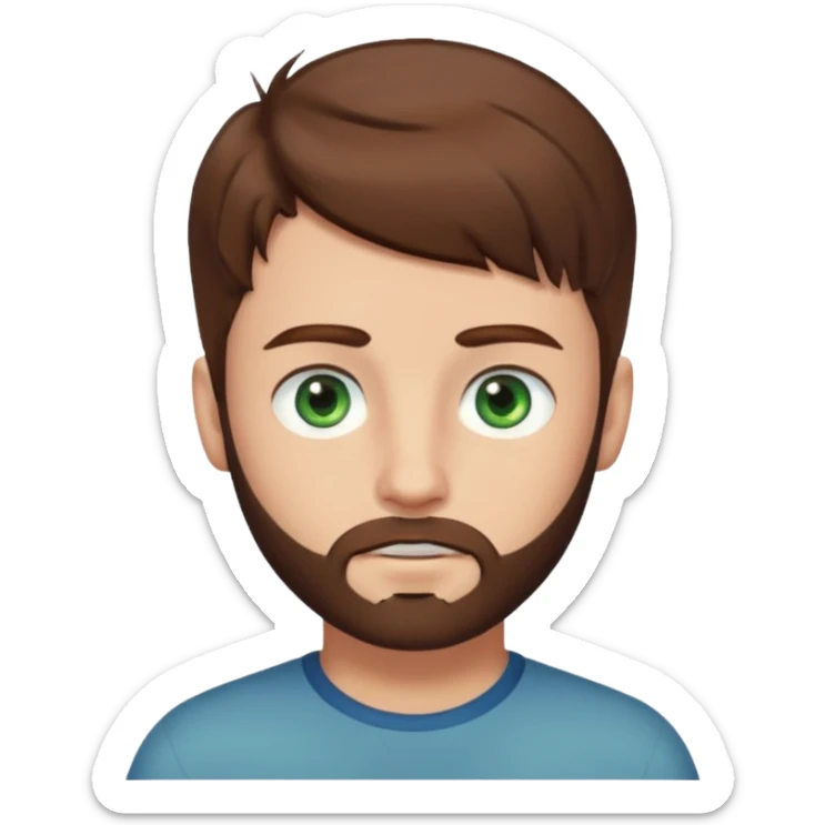 a boy with brown hair, with bluey green eyes, a little bit of beard sticker