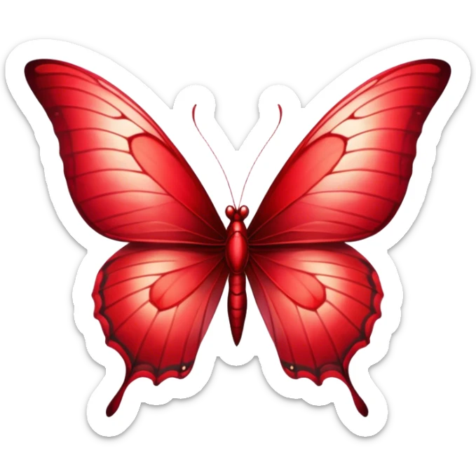 Cinematic Realistic Noble Red Butterfly Portrait Emoji, Poised and elegant, with delicate, translucent wings rendered in rich ruby and scarlet hues, a slender, graceful body with intricately detailed textures, and soft, reflective eyes, illuminated by natural light, high shine, intelligent and regal, styled with an air of refined natural splendor, focused and attentive, soft glowing outline, capturing the essence of a watchful and confident red butterfly that appears to emerge majestically from the screen! sticker