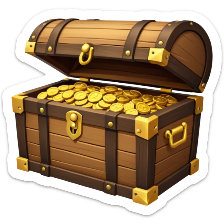 pirate treasure chest object icon, wooden chest with gold details, slightly open with coins, 3D cartoon, mobile game icon style, centered, clean background, no text, no watermark
 sticker