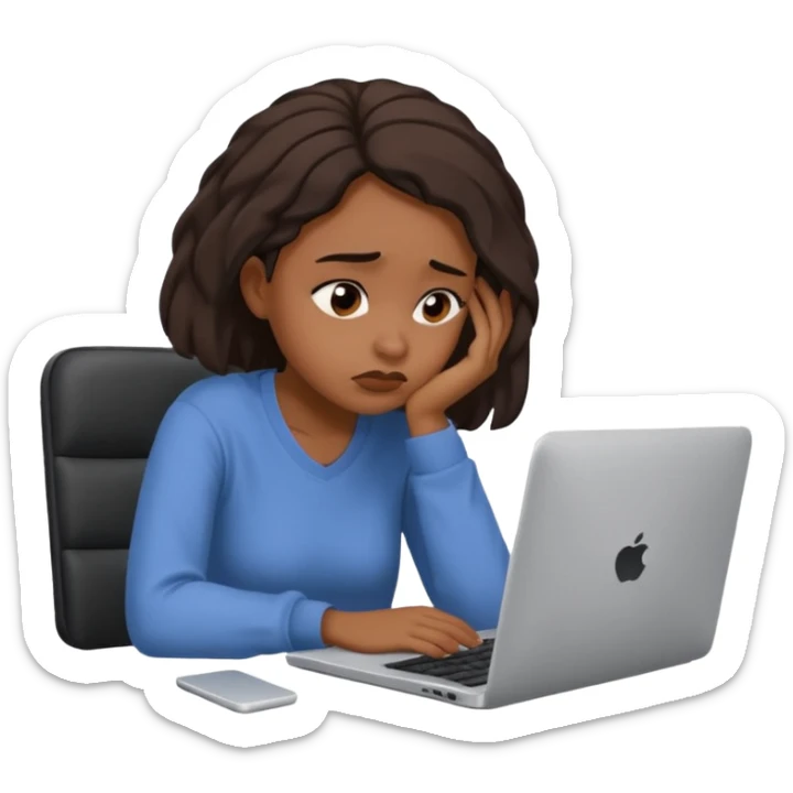 Create an emoji of a tired girl of african american descent, sitting at a laptop, looking exhausted and frustrated. They have slouched posture, representing overwork and burnout. sticker