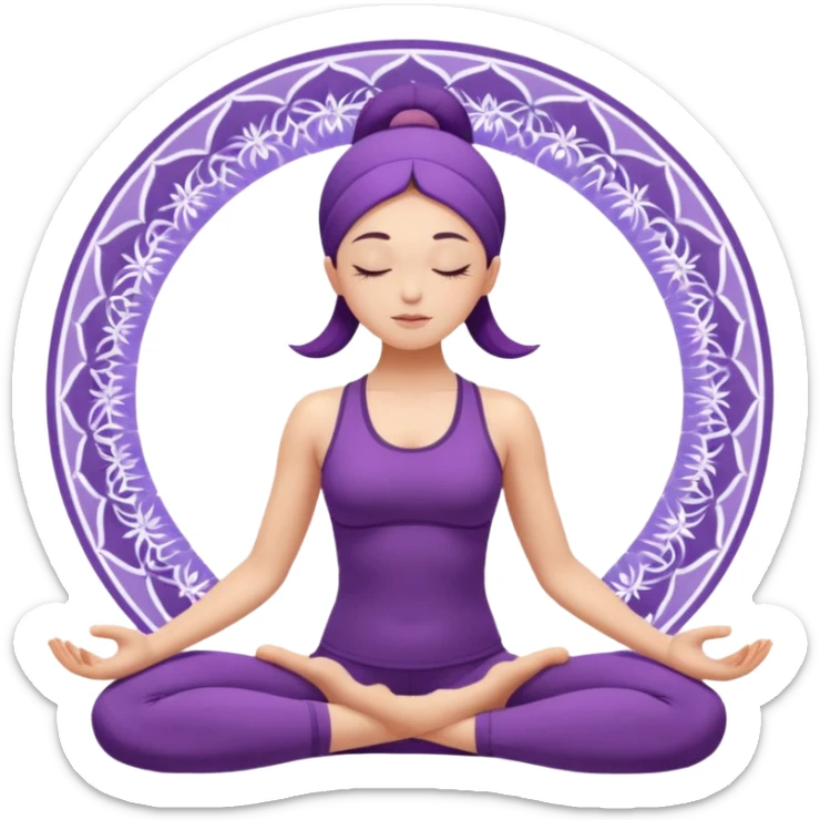 A woman in a purple yoga outfit resting in child’s pose, peaceful feeling, gentle mandala texture in background. sticker