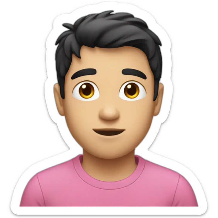 white boy with black hair in pink t-shirt with letters idea on the chest sticker