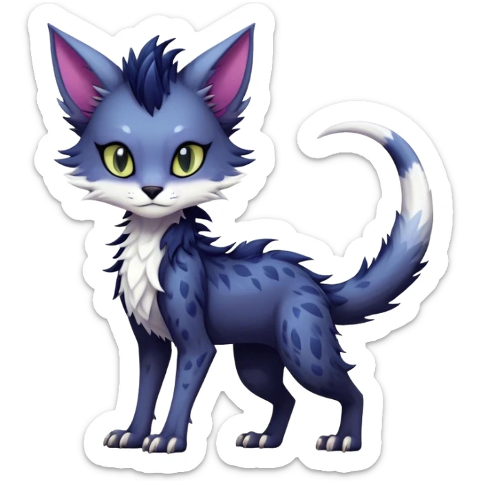 Kawaii dark edgy fantasy feline-vernid-sergal-fursona animal creature with a tufted tail with tufted ears full body with cool sharp markings  sticker