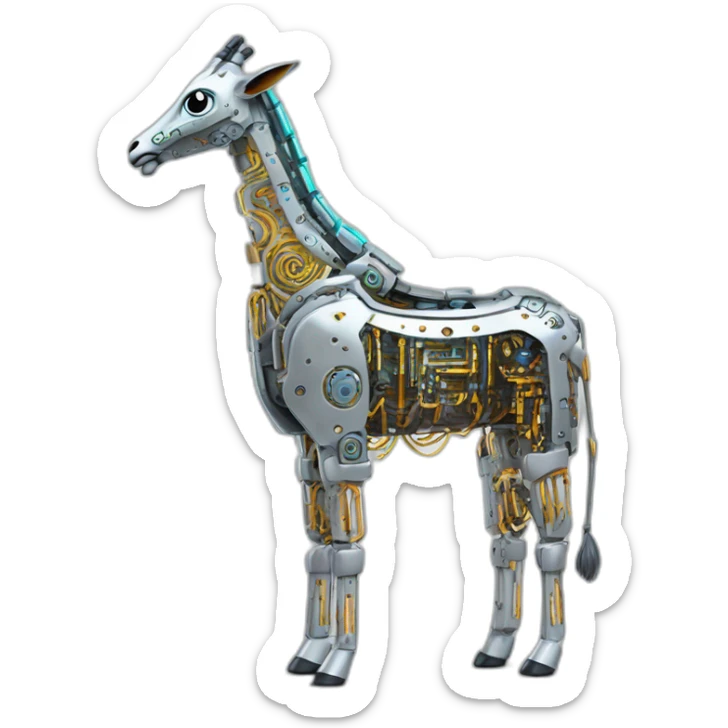 Una girafa robotica con patrones de circuitos brillantes en su piel, piernas con juntas móviles y piezas de metal relucientes sticker