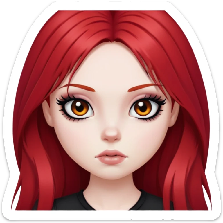 emo alternativ red long hair, pale skin,  brown iris, pretty bratz baddie, strong black eyeliner sticker