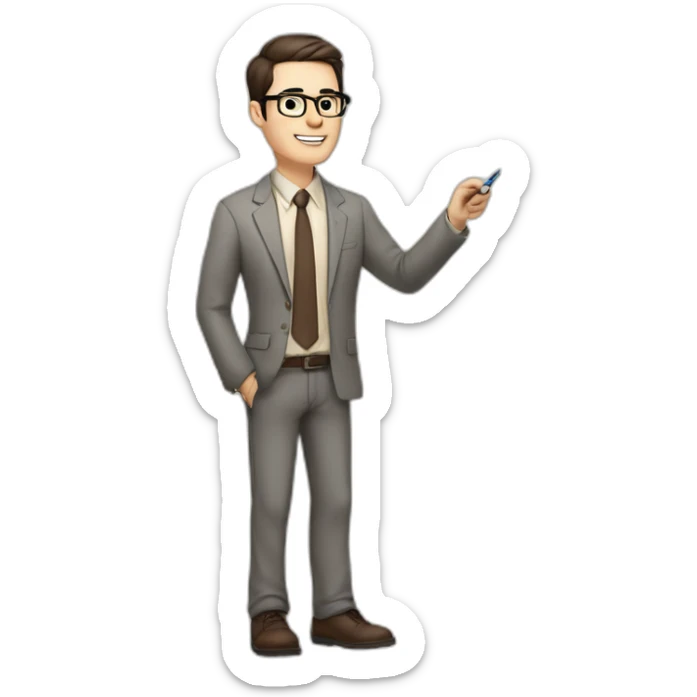Pale skinned fit man teacher with dark brown hair in gray jacket, beige office shirt, brown tie, brown pants and vintage glasses Writing on the marker board sticker