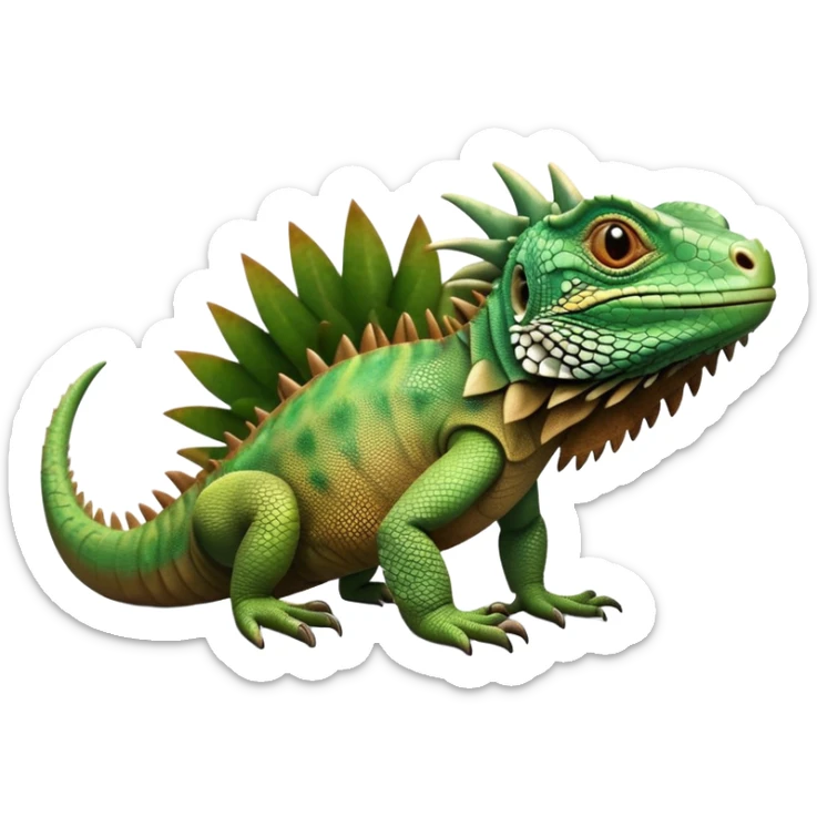 cinematic-iguana-realistic-full-body-basking-emoji,-long-scaly-body-stretched-out,-spiny-ridge-running-down-its-back,-textured-green-and-brown-skin-dappled-with-light,-sharp-intelligent-eyes-studying-the-surroundings sticker