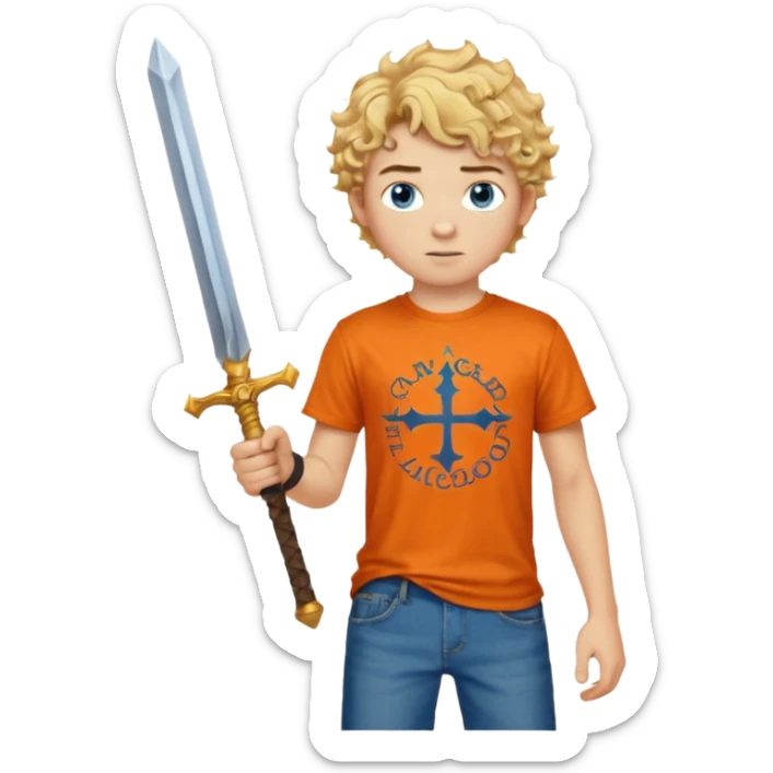 20 year old boy with curly blond hair and blue eyes with freckles wearing an orange no blue “Camp Halfblood” tshirt with the official percy jackson camp halfblood logo on it and blue jeans have him swinging a gold sword  sticker