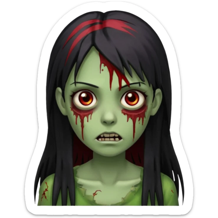 Garota zumbi com cabelo todo preto liso, longo e mechas vermelhas na lateral da cabeça dos dois lados. Olhos castanhos escuros, pele esverdeada como se estivesse podre e vários ferimentos  sticker