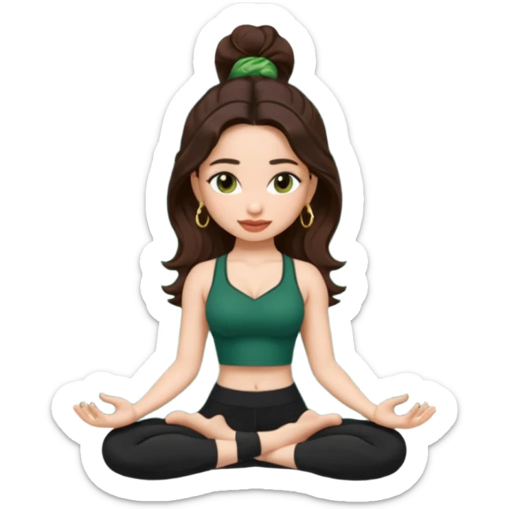 pretty bratz genmoji that looks like tamannah bhatia (bollywood actress), wearing a dark green sweetheart neckline top, dark brown hair, light makeup, no necklace, dangly earrings, side hair part, dark brown eyes, doing yoga sticker