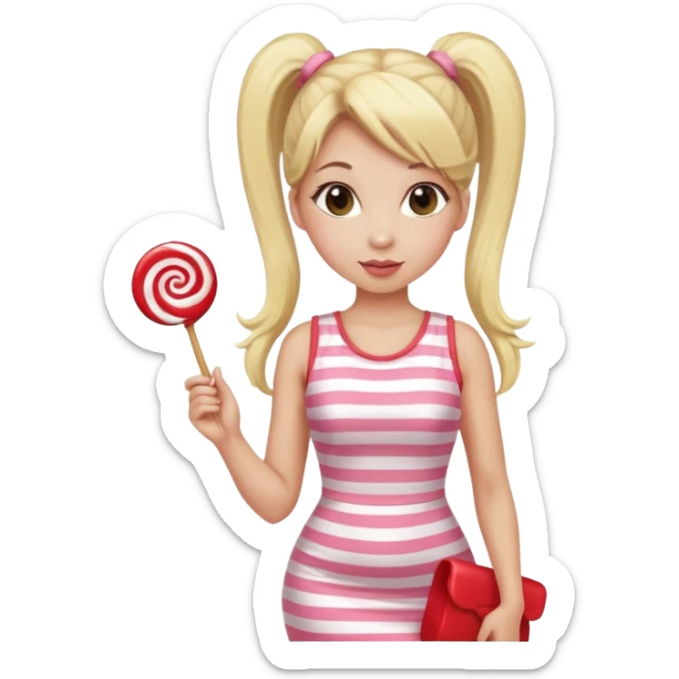 Beautiful woman with long blonde ponytails wearing light pink bodycon dress holding a lollipop sticker